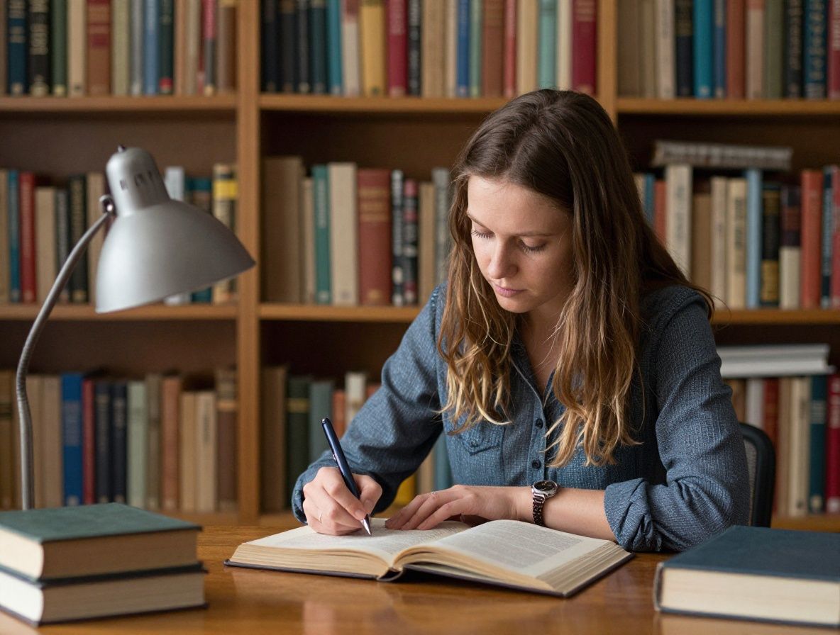 Prostrena stara knjižnica s visokim drvenim policama punim knjiga, toplo amber osvjetljenje koje pada na stolove za čitanje, kožne naslonjače i stolne lampe, atmosfera mirnog istraživanja i duboke učenosti