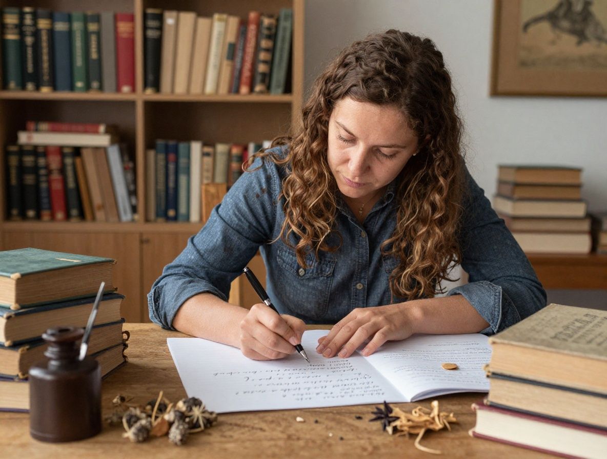 Ruka koja piše bilješke u otvorenom bilježnici s botaničkim skicama na velikom drvenom stolu okruženom starim knjigama i suhim biljnim uzorcima, topla jantarna lampa osvjetljava radnu površinu u polutmini