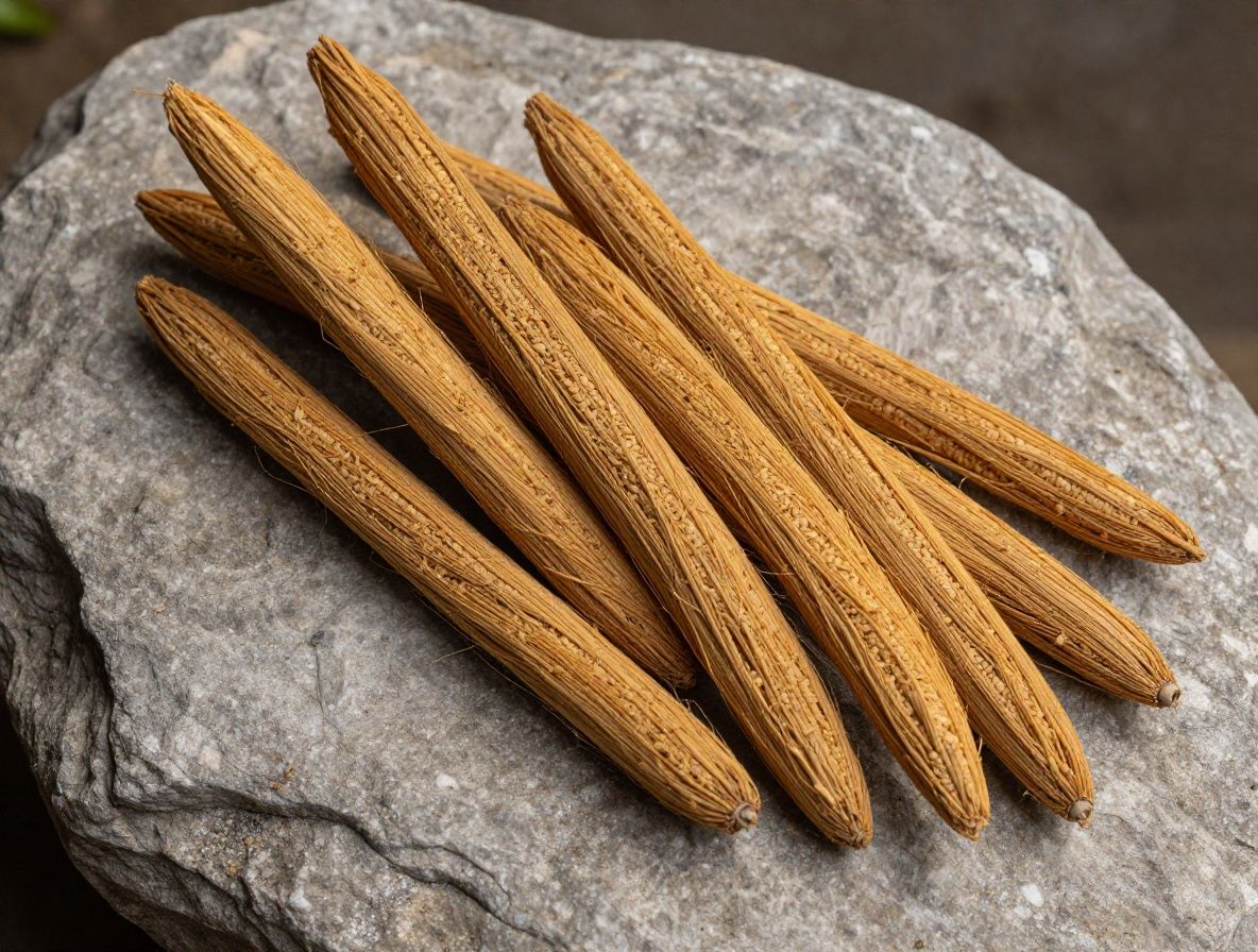 Suhi korijenski gomolji maca biljke položeni na kamenu podlogu s prirodnim neravninama, topli zemaljski tonovi, bočno osvjetljenje naglašava teksturu i boju zlatno-žutih gomolji